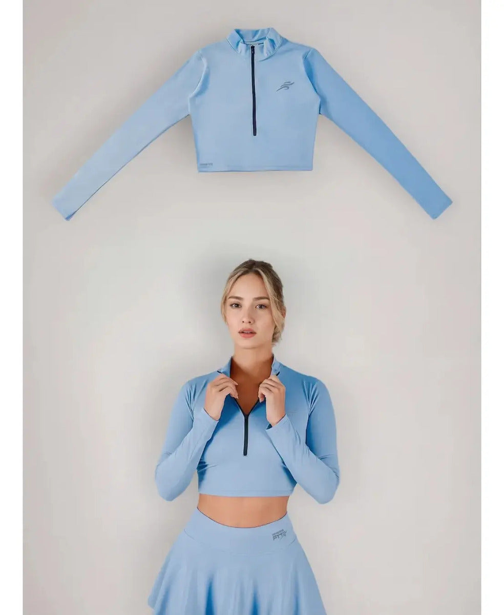 Crop Top Manga Larga Dama Deportiva Lycra Con Cremallera