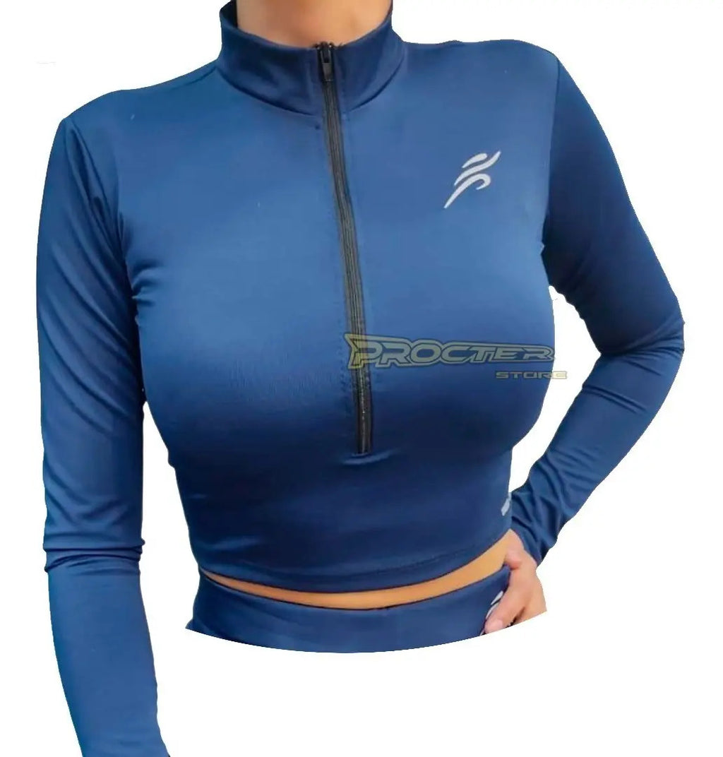 Crop Top Manga Larga Dama Deportiva Lycra Con Cremallera