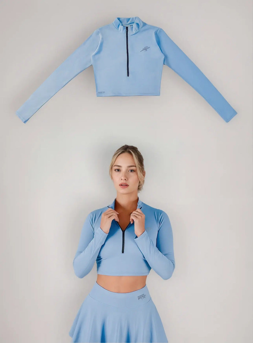 Crop Top Manga Larga Dama Deportiva Lycra Con Cremallera