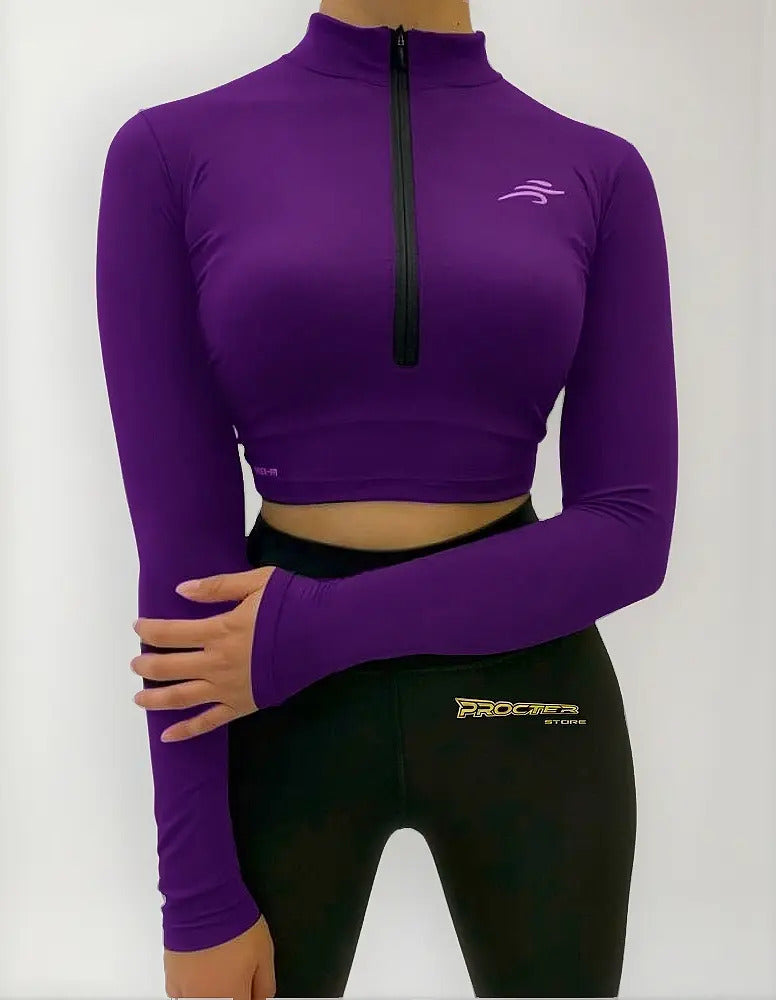 Crop Top Manga Larga Dama Deportiva Lycra Con Cremallera