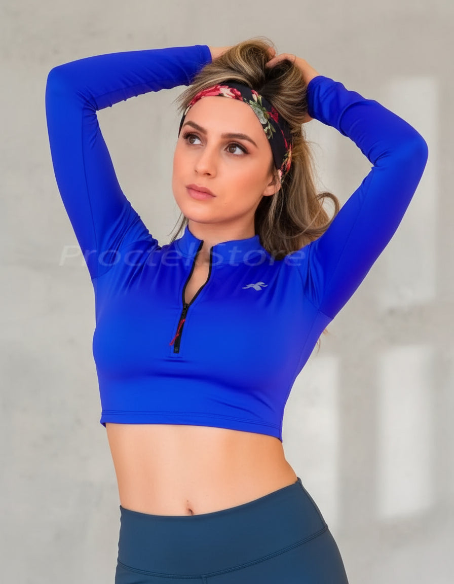 Crop Top Manga Larga Dama Deportiva Lycra Con Cremallera