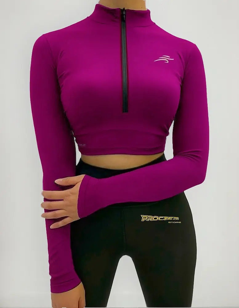 Crop Top Manga Larga Dama Deportiva Lycra Con Cremallera