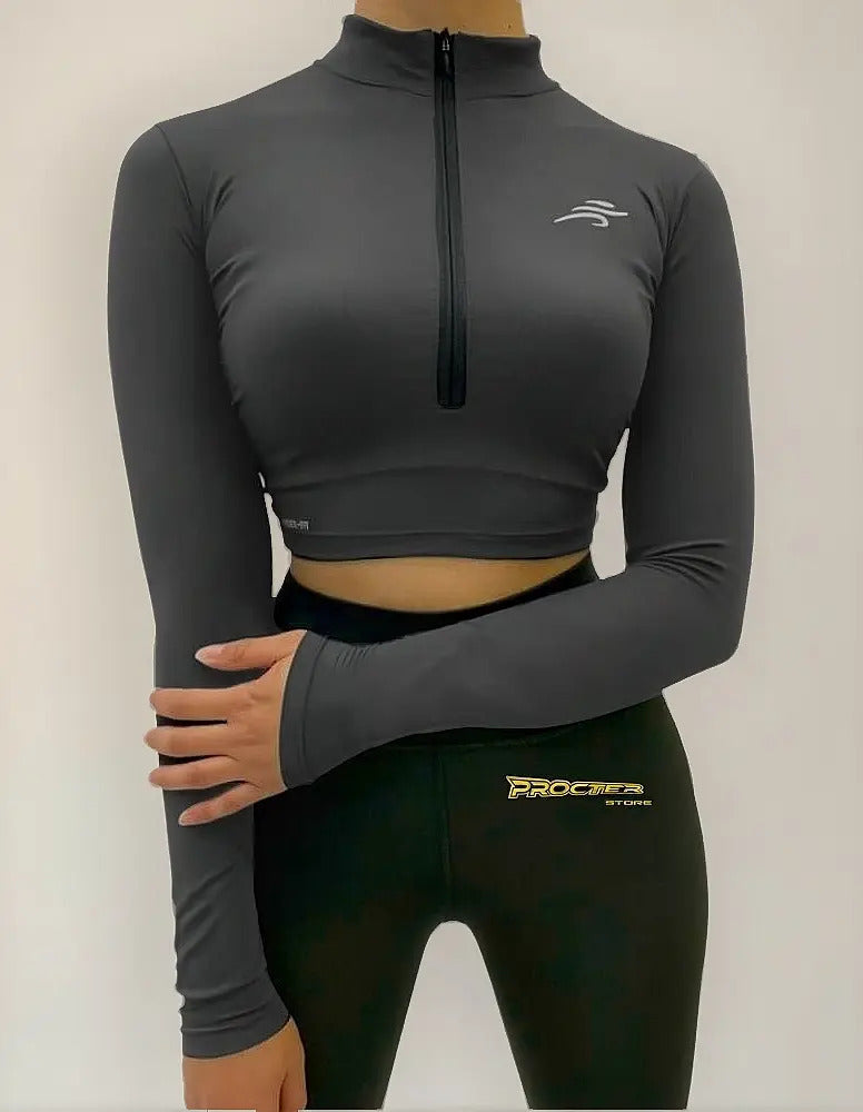 Crop Top Manga Larga Dama Deportiva Lycra Con Cremallera