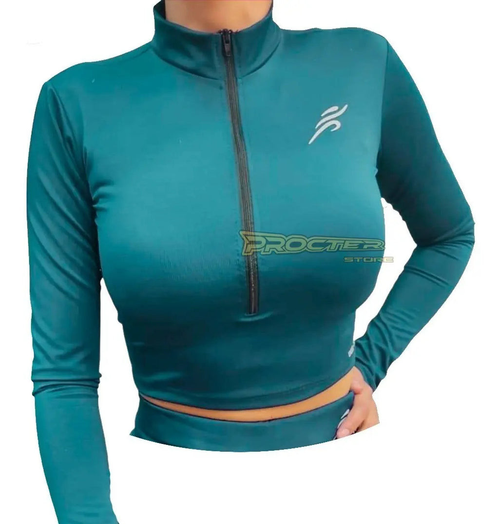 Crop Top Manga Larga Dama Deportiva Lycra Con Cremallera