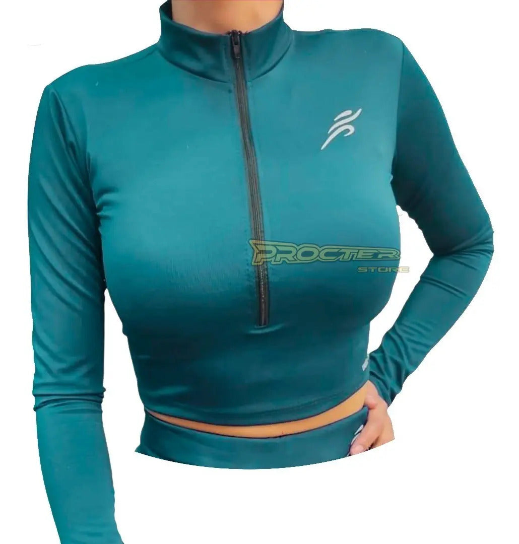 Crop Top Manga Larga Dama Deportiva Lycra Con Cremallera