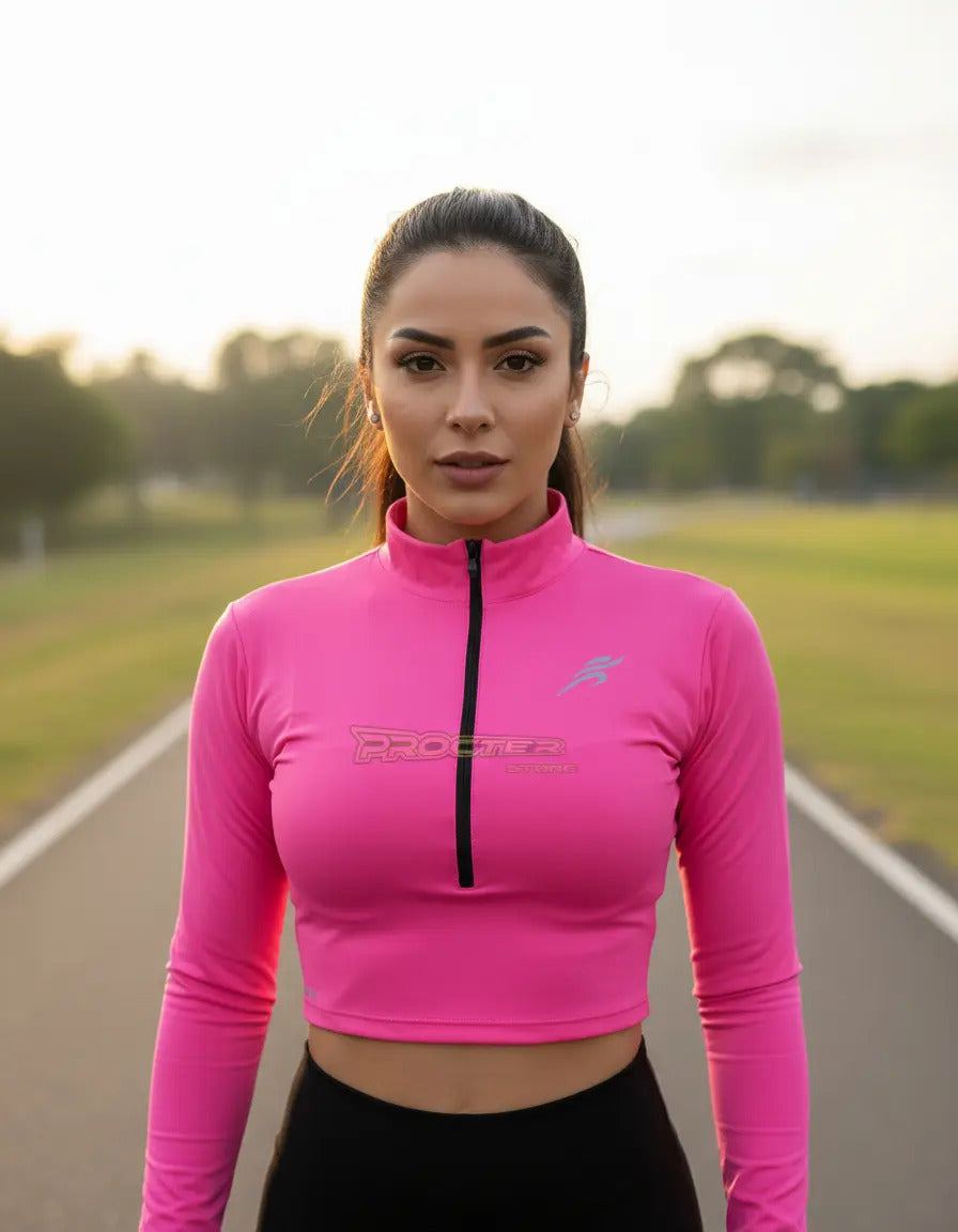 Crop Top Manga Larga Dama Deportiva Lycra Con Cremallera