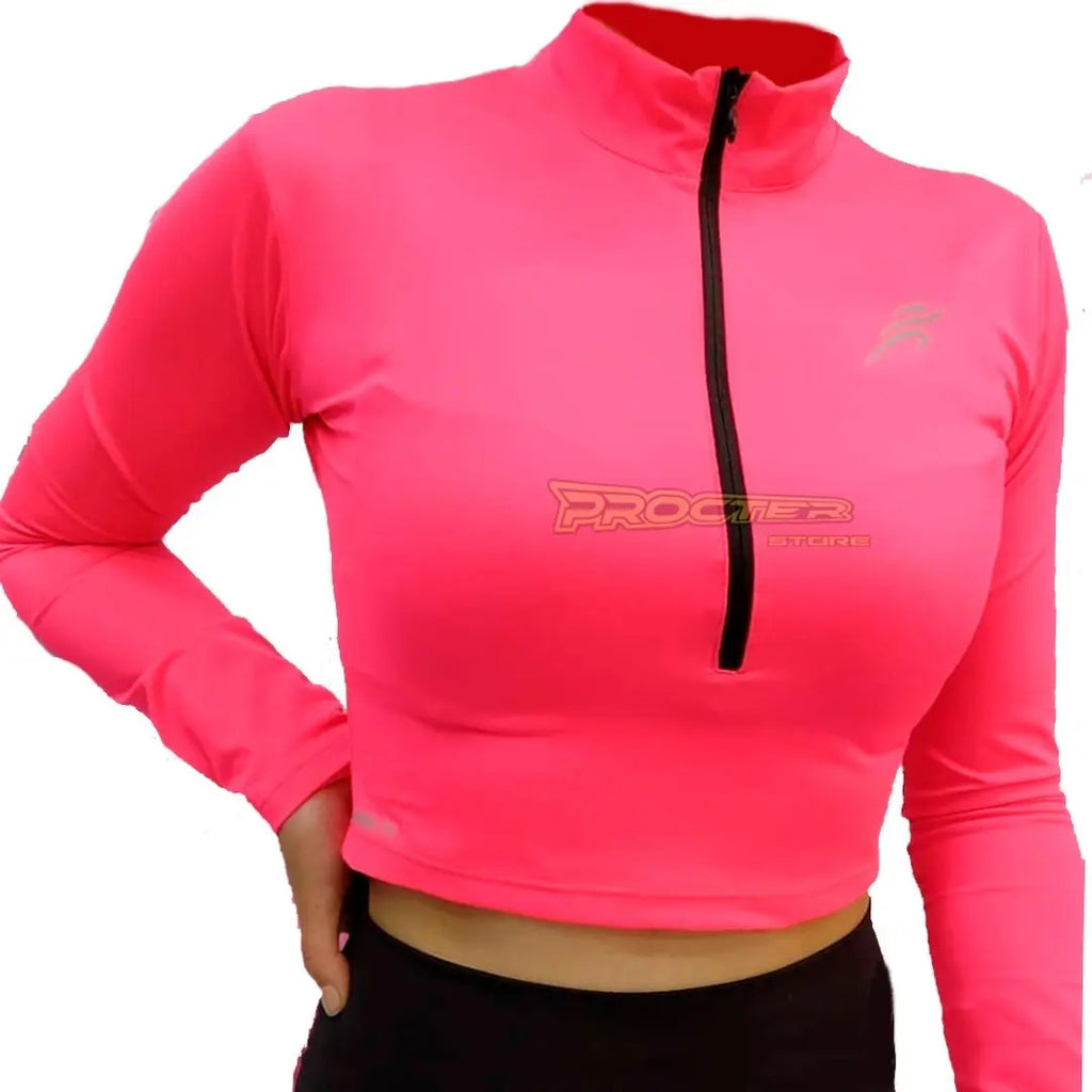 Crop Top Manga Larga Dama Deportiva Lycra Con Cremallera