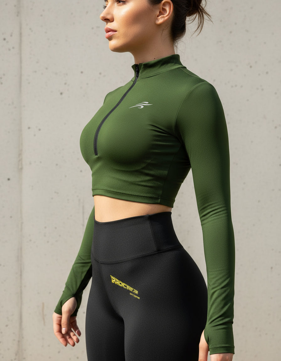 Crop Top Manga Larga Dama Deportiva Lycra Con Cremallera