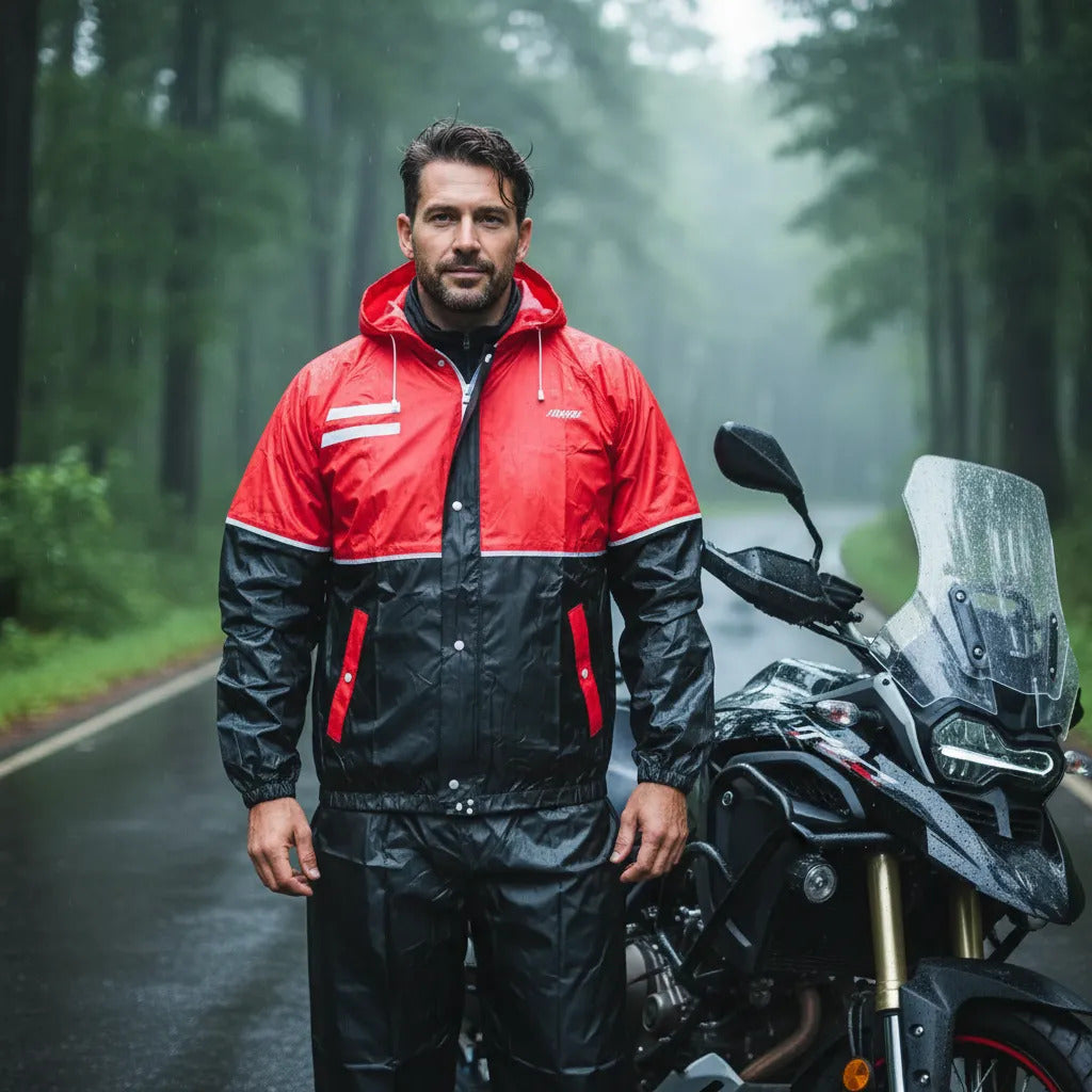 Impermeable Para Motociclista Con Capota Y Bolsillos