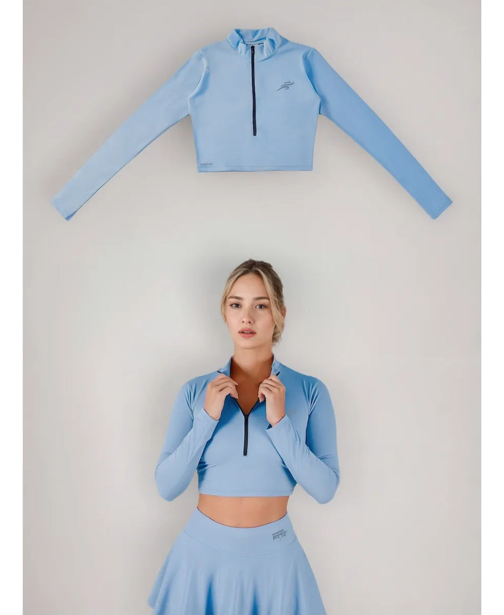 Crop Top Manga Larga Dama Deportiva Lycra Con Cremallera