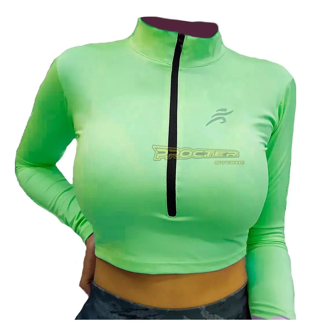 Crop Top Manga Larga Dama Deportiva Lycra Con Cremallera