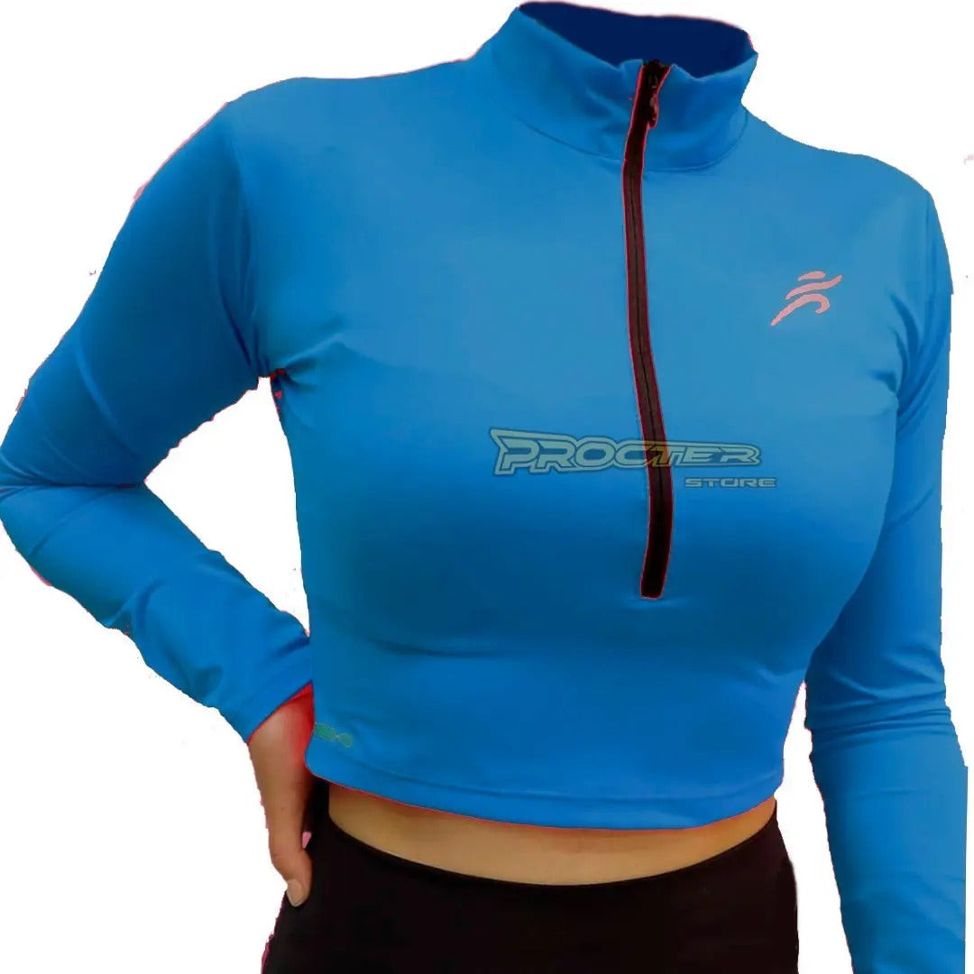 Crop Top Manga Larga Dama Deportiva Lycra Con Cremallera
