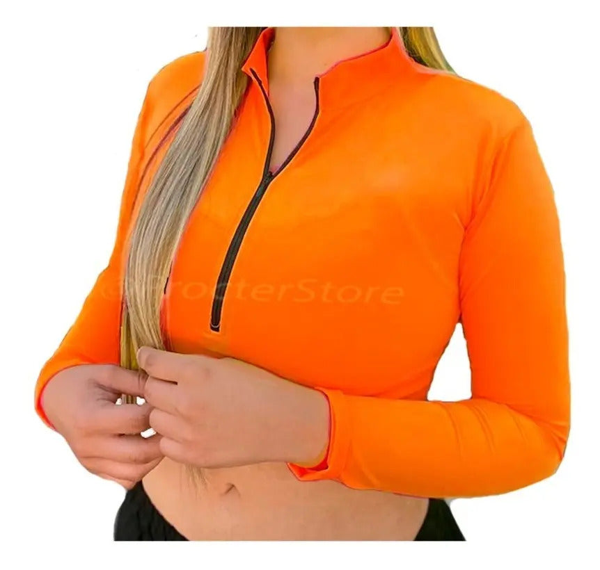 Crop Top Manga Larga Dama Deportiva Lycra Con Cremallera