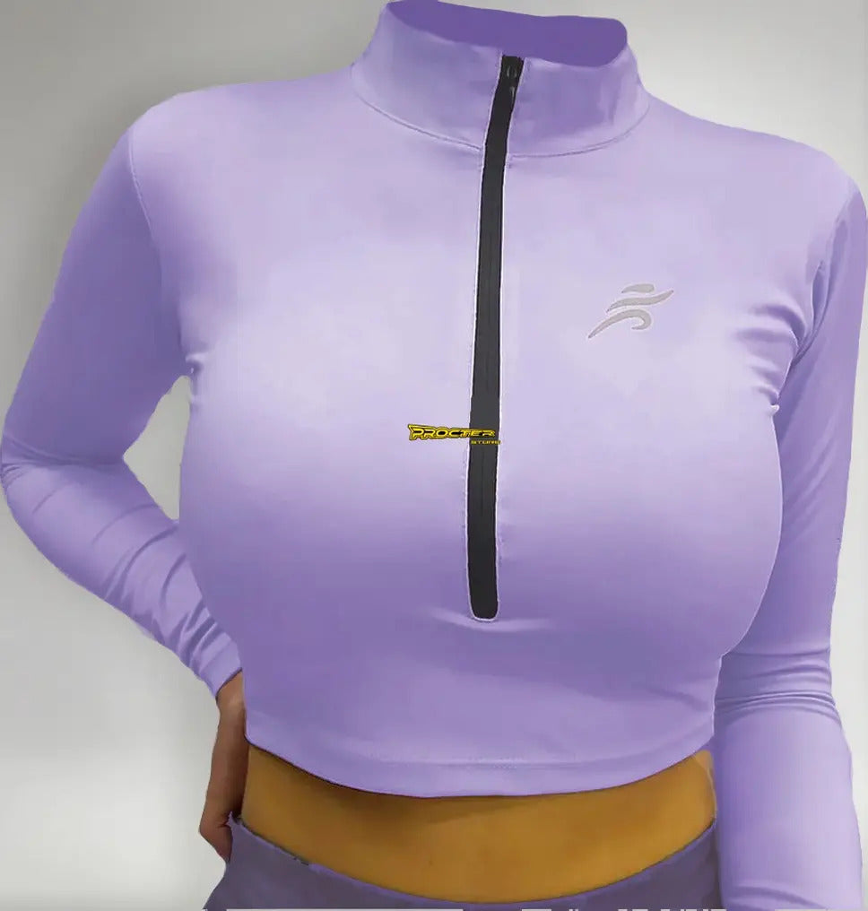 Crop Top Manga Larga Dama Deportiva Lycra Con Cremallera