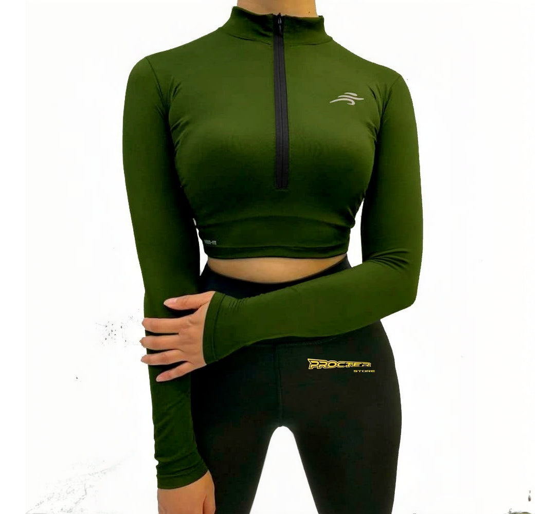 Crop Top Manga Larga Dama Deportiva Lycra Con Cremallera