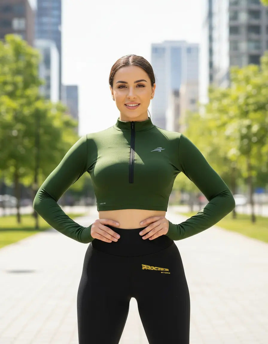 Crop Top Manga Larga Dama Deportiva Lycra Con Cremallera