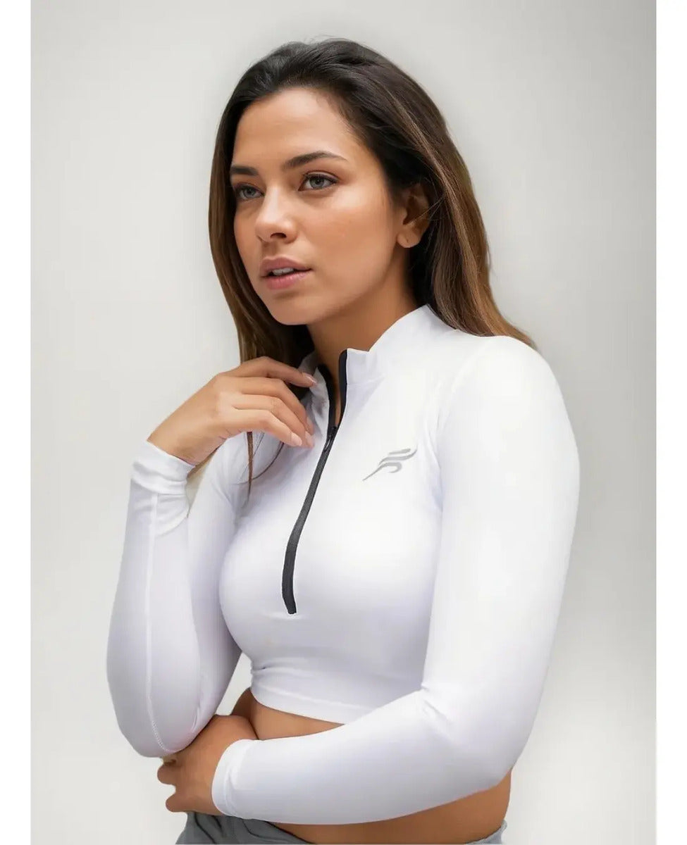 Crop Top Manga Larga Dama Deportiva Lycra Con Cremallera