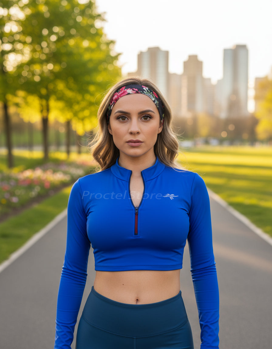 Crop Top Manga Larga Dama Deportiva Lycra Con Cremallera