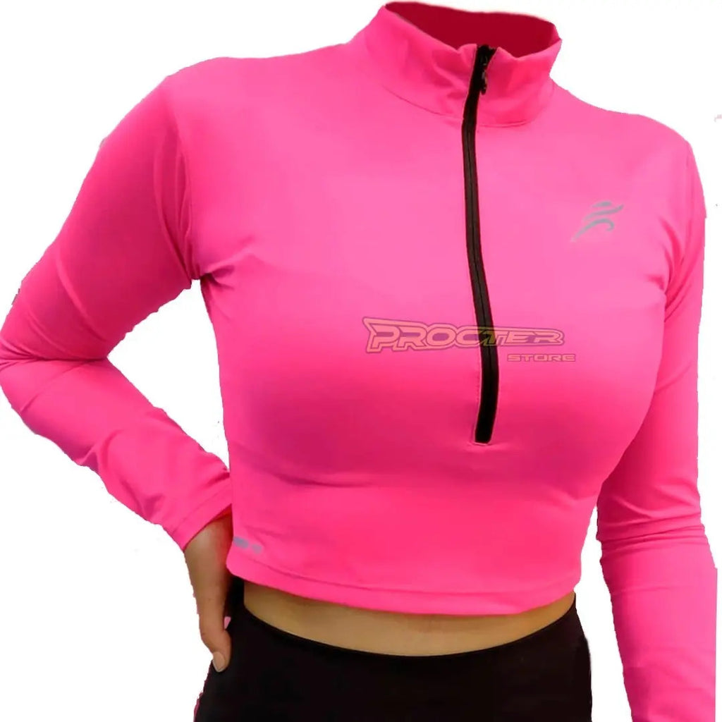 Crop Top Manga Larga Dama Deportiva Lycra Con Cremallera