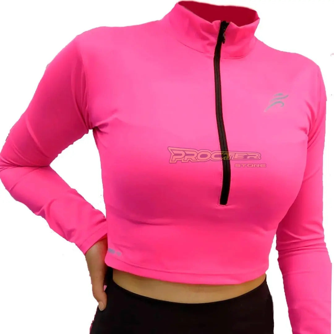 Crop Top Manga Larga Dama Deportiva Lycra Con Cremallera