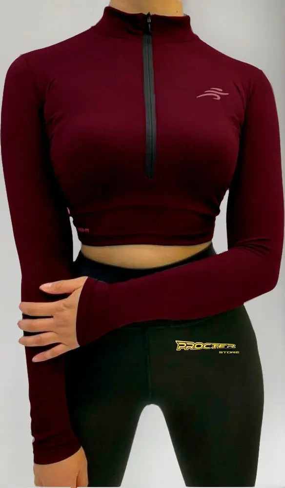 Crop Top Manga Larga Dama Deportiva Lycra Con Cremallera