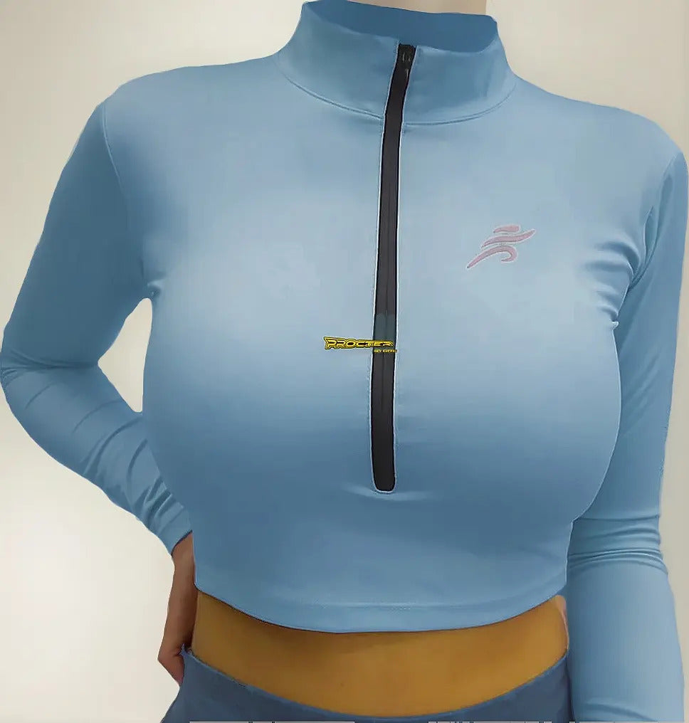 Crop Top Manga Larga Dama Deportiva Lycra Con Cremallera